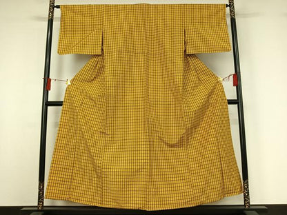 平和屋着物▽上質な紬 単衣 格子 正絹 逸品 AABI9597jh