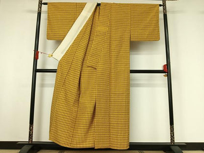 平和屋着物▽上質な紬 単衣 格子 正絹 逸品 AABI9597jh