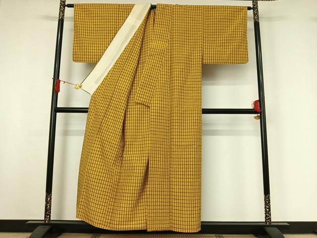 平和屋着物▽上質な紬 単衣 格子 正絹 逸品 AABI9597jh