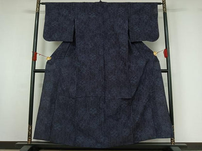 平和屋着物▽結城紬　単衣　幾何学花文　正絹　逸品　AABI9598jh