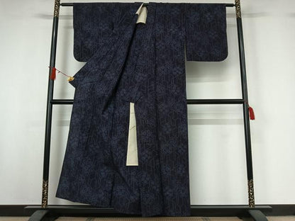 平和屋着物▽結城紬　単衣　幾何学花文　正絹　逸品　AABI9598jh