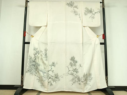 平和屋着物▽訪問着　単衣　手描き　松文　鳥　正絹　逸品　AABI9604jh