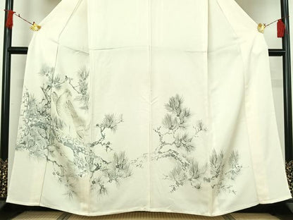 平和屋着物▽訪問着　単衣　手描き　松文　鳥　正絹　逸品　AABI9604jh