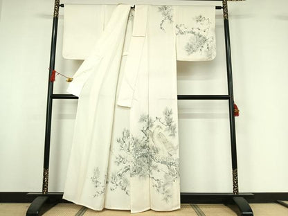 平和屋着物▽訪問着　単衣　手描き　松文　鳥　正絹　逸品　AABI9604jh