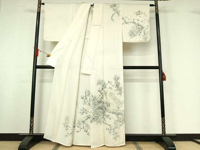 平和屋着物▽訪問着　単衣　手描き　松文　鳥　正絹　逸品　AABI9604jh