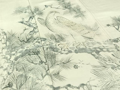 平和屋着物▽訪問着　単衣　手描き　松文　鳥　正絹　逸品　AABI9604jh