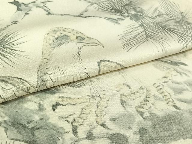 平和屋着物▽訪問着　単衣　手描き　松文　鳥　正絹　逸品　AABI9604jh