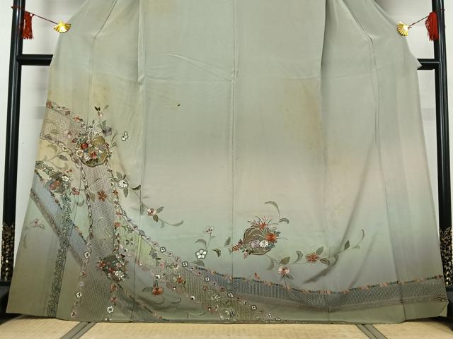 平和屋着物▽中国三大刺繍　汕頭刺繍　スワトウ刺繍　訪問着　単衣　総刺繍　草花文　金糸　正絹　逸品　AABI9607jh