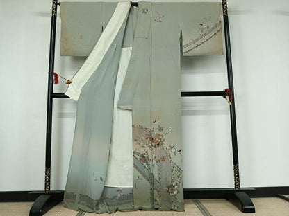 平和屋着物▽中国三大刺繍　汕頭刺繍　スワトウ刺繍　訪問着　単衣　総刺繍　草花文　金糸　正絹　逸品　AABI9607jh