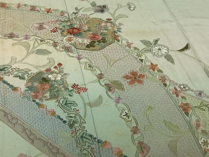 平和屋着物▽中国三大刺繍　汕頭刺繍　スワトウ刺繍　訪問着　単衣　総刺繍　草花文　金糸　正絹　逸品　AABI9607jh