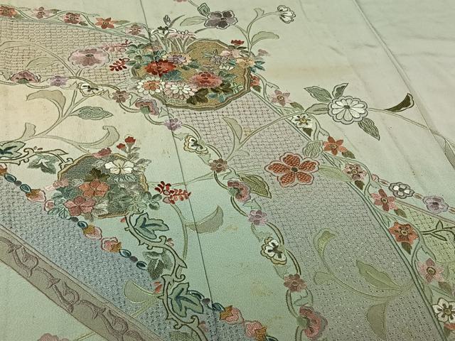 平和屋着物▽中国三大刺繍　汕頭刺繍　スワトウ刺繍　訪問着　単衣　総刺繍　草花文　金糸　正絹　逸品　AABI9607jh