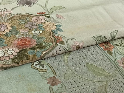 平和屋着物▽中国三大刺繍　汕頭刺繍　スワトウ刺繍　訪問着　単衣　総刺繍　草花文　金糸　正絹　逸品　AABI9607jh