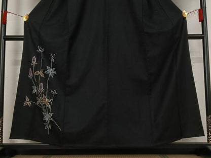 平和屋着物▽訪問着　単衣　総刺繍　草花文　黒地　金銀糸　AABI9608jh