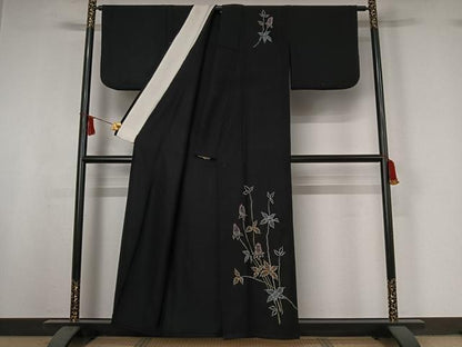 平和屋着物▽訪問着　単衣　総刺繍　草花文　黒地　金銀糸　AABI9608jh
