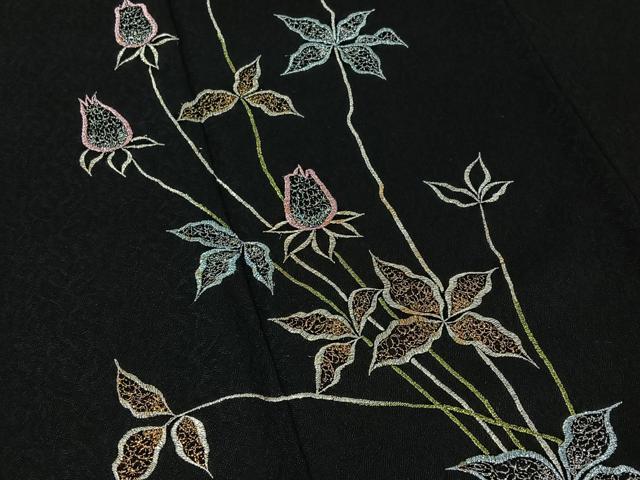 平和屋着物▽訪問着　単衣　総刺繍　草花文　黒地　金銀糸　AABI9608jh