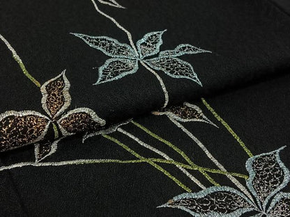 平和屋着物▽訪問着　単衣　総刺繍　草花文　黒地　金銀糸　AABI9608jh