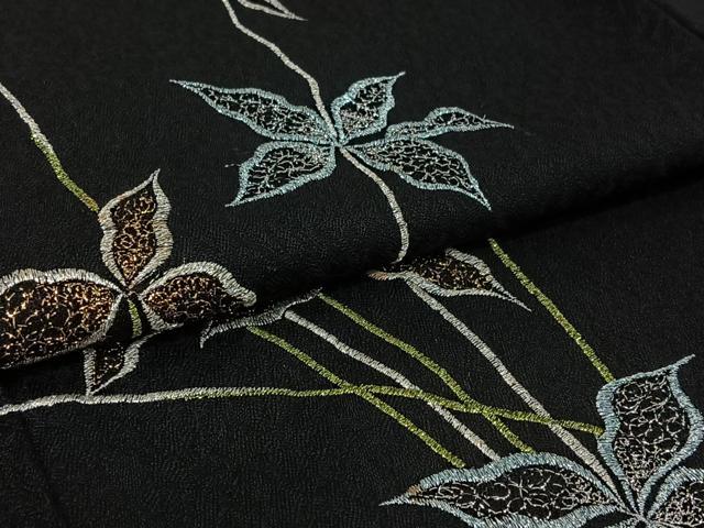 平和屋着物▽訪問着　単衣　総刺繍　草花文　黒地　金銀糸　AABI9608jh
