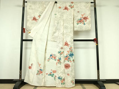 平和屋着物▽訪問着　単衣　手描き　草花文　金彩　正絹　逸品　AABI9609jh