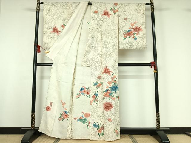 平和屋着物▽訪問着　単衣　手描き　草花文　金彩　正絹　逸品　AABI9609jh