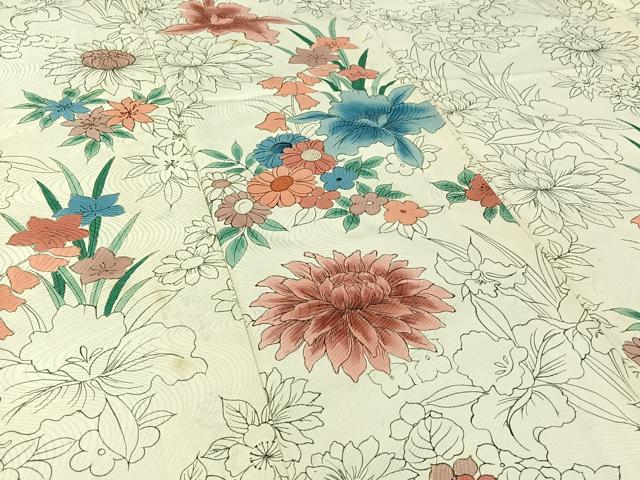平和屋着物▽訪問着　単衣　手描き　草花文　金彩　正絹　逸品　AABI9609jh