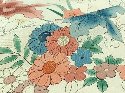 平和屋着物▽訪問着　単衣　手描き　草花文　金彩　正絹　逸品　AABI9609jh