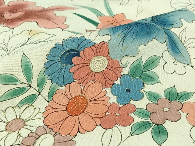 平和屋着物▽訪問着　単衣　手描き　草花文　金彩　正絹　逸品　AABI9609jh