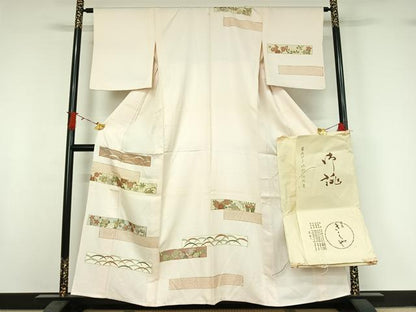 平和屋着物▽銀座きしや　訪問着　単衣　刺繍　横段花文　金彩　たとう紙付き　正絹　逸品　AABI9612jh