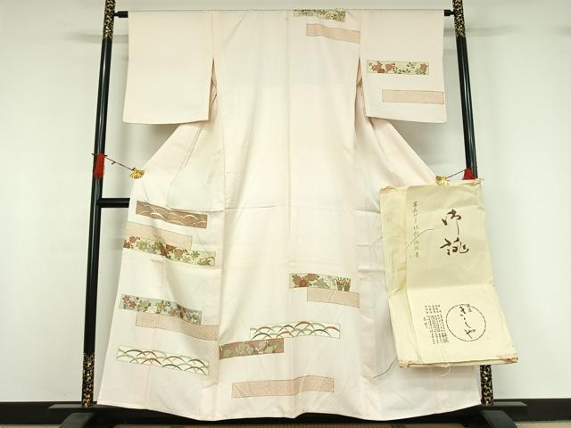 平和屋着物▽銀座きしや　訪問着　単衣　刺繍　横段花文　金彩　たとう紙付き　正絹　逸品　AABI9612jh