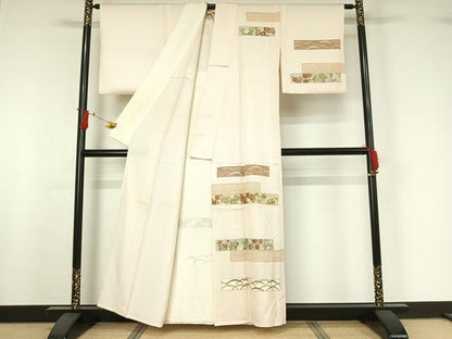 平和屋着物▽銀座きしや　訪問着　単衣　刺繍　横段花文　金彩　たとう紙付き　正絹　逸品　AABI9612jh