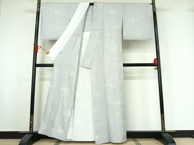 平和屋着物▽上質な小紋　単衣　草葉文　銀彩　さが美扱い　正絹　逸品　AABI9620jh