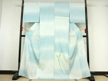 平和屋着物▽訪問着 単衣 紬地 作家物 手描き 草葉文 暈し染め さが美扱い 正絹 逸品 AABI9621jh
