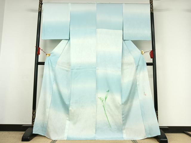 平和屋着物▽訪問着 単衣 紬地 作家物 手描き 草葉文 暈し染め さが美扱い 正絹 逸品 AABI9621jh