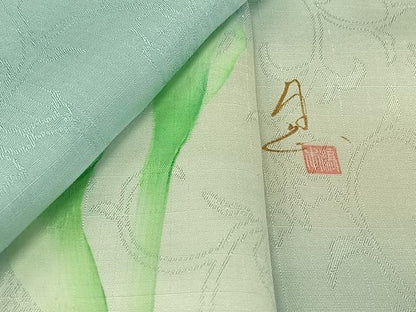 平和屋着物▽訪問着 単衣 紬地 作家物 手描き 草葉文 暈し染め さが美扱い 正絹 逸品 AABI9621jh