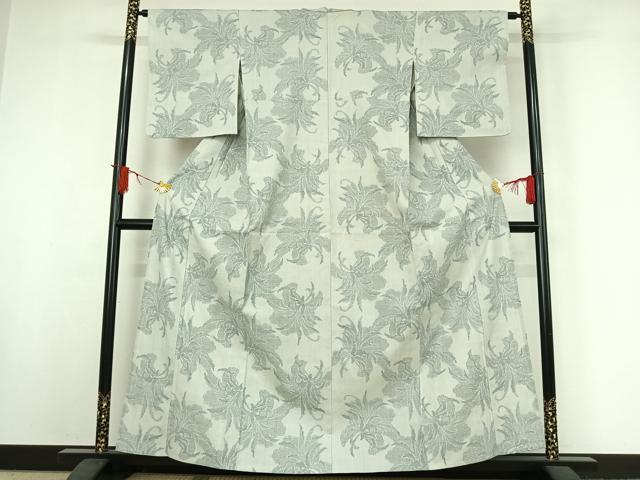平和屋着物▽本場結城紬　重要無形文化財　単衣　100亀甲　草花文　藍白色地　正絹　逸品　AABI9626jh