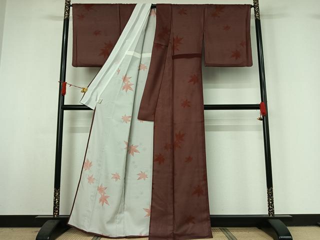 平和屋着物▽小紋　無双　紗袷　紗×絽　舞葉文　楓　さんび謹製　洗える着物　AABI9631jh