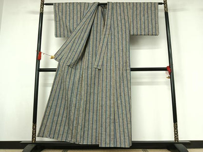 平和屋着物▽上質な紬　単衣　縞　正絹　逸品　未使用　AABI9632jh