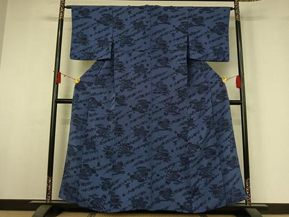 平和屋着物▽上質な小紋　単衣　型染め　流水花鳥文　鬼しぼ縮緬　正絹　逸品　AABI9634jh