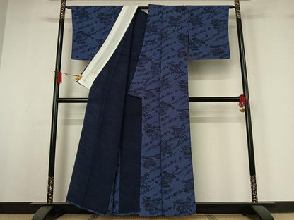 平和屋着物▽上質な小紋　単衣　型染め　流水花鳥文　鬼しぼ縮緬　正絹　逸品　AABI9634jh