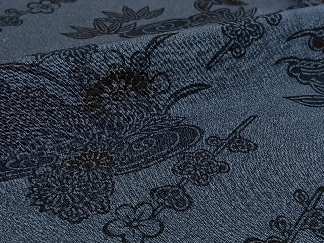 平和屋着物▽上質な小紋　単衣　型染め　流水花鳥文　鬼しぼ縮緬　正絹　逸品　AABI9634jh