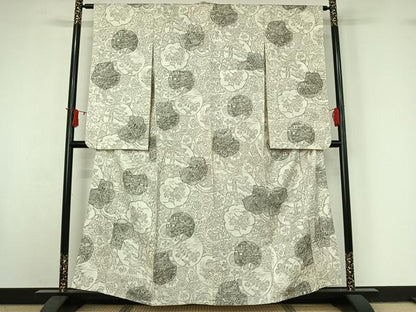 平和屋着物▽小振袖　二尺袖　単衣　手描き　花絵皿文　正絹　逸品　AABI9635jh