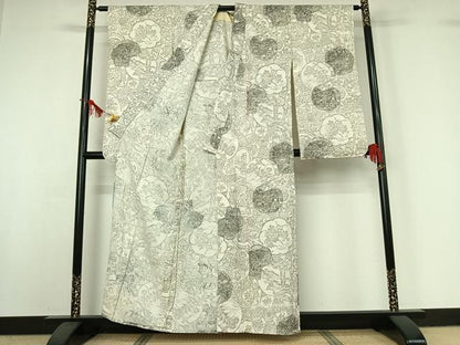 平和屋着物▽小振袖　二尺袖　単衣　手描き　花絵皿文　正絹　逸品　AABI9635jh