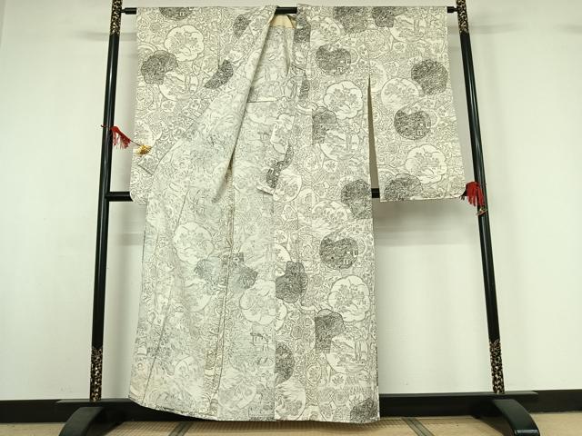 平和屋着物▽小振袖　二尺袖　単衣　手描き　花絵皿文　正絹　逸品　AABI9635jh