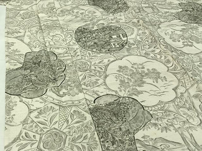平和屋着物▽小振袖　二尺袖　単衣　手描き　花絵皿文　正絹　逸品　AABI9635jh
