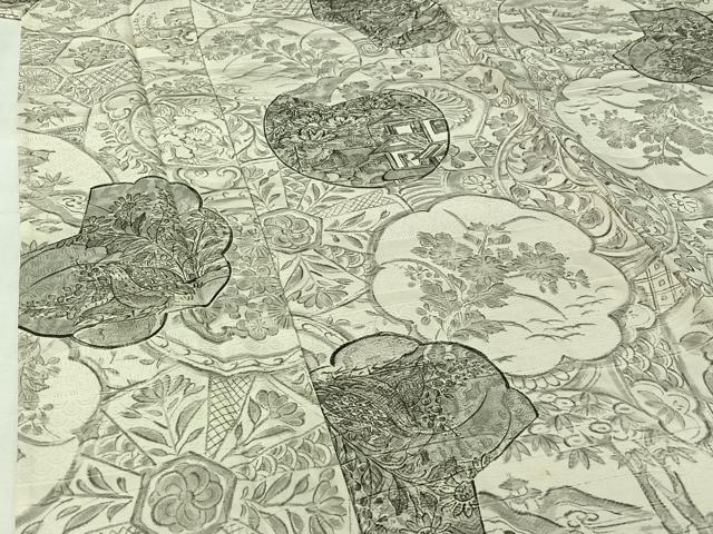 平和屋着物▽小振袖　二尺袖　単衣　手描き　花絵皿文　正絹　逸品　AABI9635jh