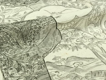 平和屋着物▽小振袖　二尺袖　単衣　手描き　花絵皿文　正絹　逸品　AABI9635jh