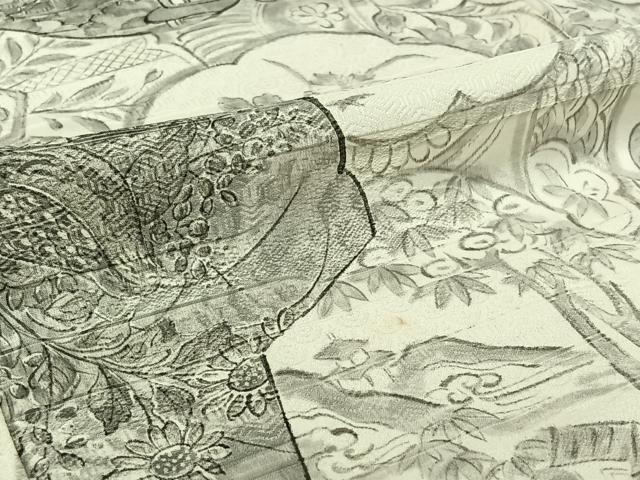 平和屋着物▽小振袖　二尺袖　単衣　手描き　花絵皿文　正絹　逸品　AABI9635jh