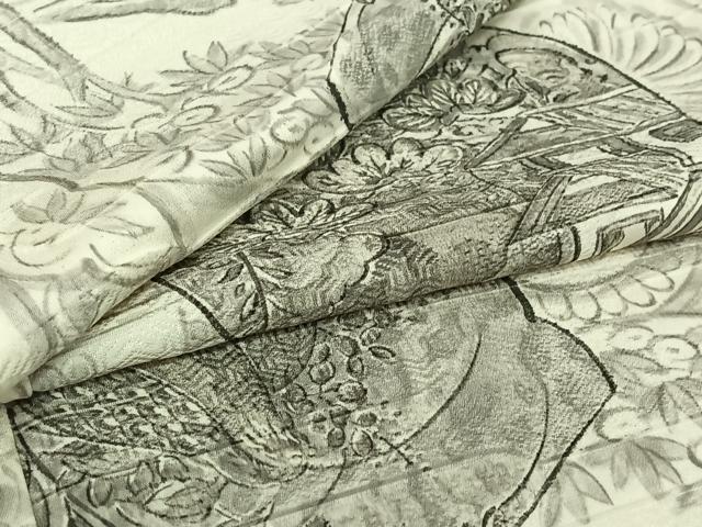 平和屋着物▽小振袖　二尺袖　単衣　手描き　花絵皿文　正絹　逸品　AABI9635jh