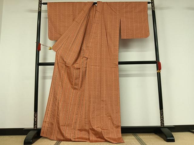 平和屋着物▽上質な紬 単衣 縞 正絹 逸品 AABI9637jh