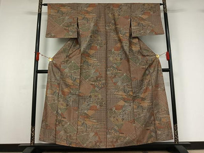 平和屋着物▽上質な小紋　単衣　紬地　手描き　切嵌人物風景文　正絹　逸品　AABI9640jh
