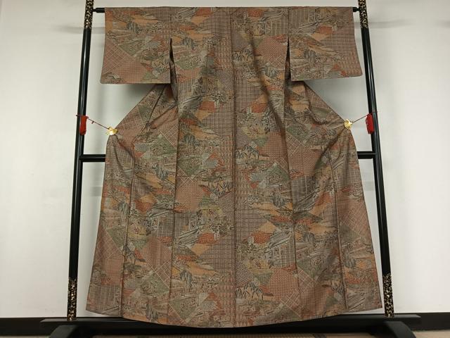 平和屋着物▽上質な小紋　単衣　紬地　手描き　切嵌人物風景文　正絹　逸品　AABI9640jh
